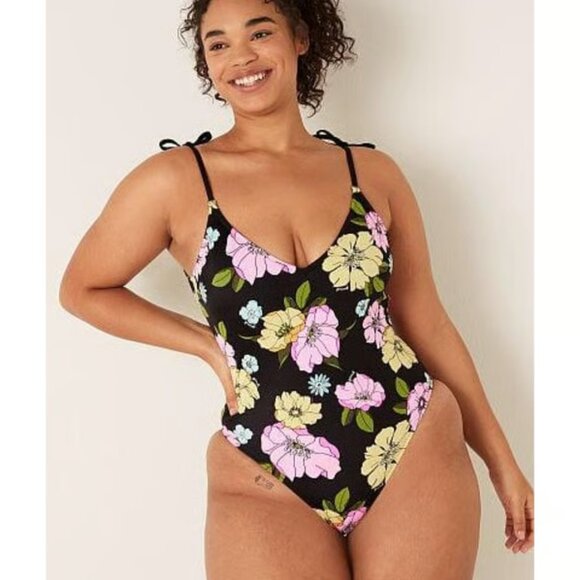 Pink Victoria’s Secret Plunge One-Piece Swimsuit Black Floral Size L NWOT - Picture 3 of 3